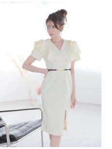 画像4: ワンピース キャバドレス 同伴 膝丈 上質生地 フリル襟 小顔効果 Belsia(S/M/L/XL(2L))(アイボリー) (4)