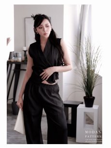 画像2: パンツセットアップ 韓国ワンピース セレブワンピース ワイドパンツ ベスト風ジャケット ノースリーブ DaysPiece(M/L)(ブラック/ホワイト) (2)