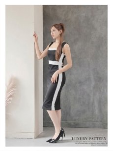 画像2: ワンピース キャバドレス ストレッチ 配色 モノトーン タンクワンピース 細見せ DaysPiece(S/M/L/XL(2L))(ブラック/ブルー) (2)