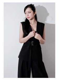 画像3: パンツセットアップ ロングジャケット 高級生地 ワイドパンツ ウエストリボンでくびれ見せ 美シルエット DaysPiece(M/L)(ブラック/グレー) (3)