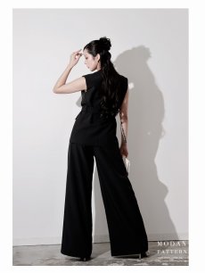 画像4: パンツセットアップ ロングジャケット 高級生地 ワイドパンツ ウエストリボンでくびれ見せ 美シルエット DaysPiece(M/L)(ブラック/グレー) (4)