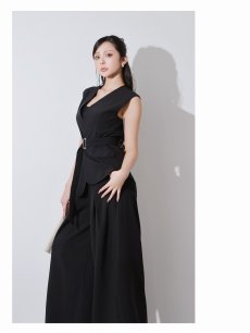 画像5: パンツセットアップ ロングジャケット 高級生地 ワイドパンツ ウエストリボンでくびれ見せ 美シルエット DaysPiece(M/L)(ブラック/グレー) (5)