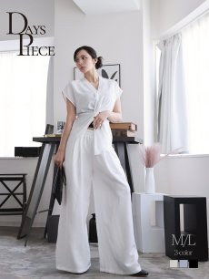 画像1: パンツセットアップ カシュクールトップス ドルマン ロング丈 ウエストくびれ ペプラム DaysPiece(M/L)(ホワイト/ブラック/グレー) (1)