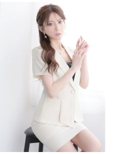 画像5: キャバスーツ ビジネススーツ 半袖 アシンメトリー ウエストくびれ 上品 Belsia.LUX(S/M/L/XL(2L)/XXL(3L)/XXXL(4L))(グリーン/アイボリー/ブラック/グレー) (5)