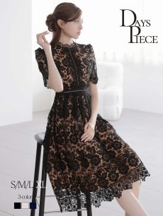 画像1: ワンピース キャバドレス 重ねレース フロッキーレース 袖付き ウエスト透け感 フレアワンピース DaysPiece(S/M/L/XL(2L))(ブラック/ホワイト/ネイビー) (1)