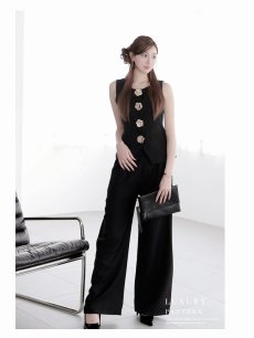 画像2: パンツセットアップ ゴールドボタン ローズボタン ワイドパンツ ウエストゴム インパクトスーツ DaysPiece(フリーサイズ)(ホワイト/グレージュ/ブラック/ブラウン) (2)