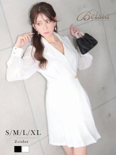 画像1: ワンピース キャバドレス シフォン袖 アシンメトリー 裾プリーツ 体型カバー 同伴 Belsia(S/M/L/XL(2L))(ホワイト/ブラック) (1)