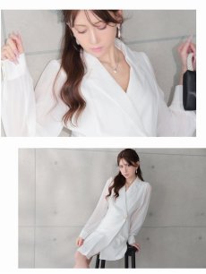 画像3: ワンピース キャバドレス シフォン袖 アシンメトリー 裾プリーツ 体型カバー 同伴 Belsia(S/M/L/XL(2L))(ホワイト/ブラック) (3)