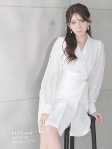 画像4: ワンピース キャバドレス シフォン袖 アシンメトリー 裾プリーツ 体型カバー 同伴 Belsia(S/M/L/XL(2L))(ホワイト/ブラック) (4)