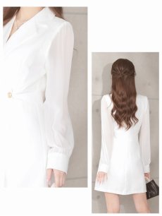 画像5: ワンピース キャバドレス シフォン袖 アシンメトリー 裾プリーツ 体型カバー 同伴 Belsia(S/M/L/XL(2L))(ホワイト/ブラック) (5)