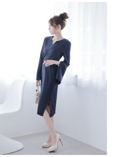画像2: ワンピース キャバドレス 膝丈ドレス ネイビー ケープスリット 長袖 ベルト付き Belsia(S/M/L/XL(2L))(ネイビー) (2)