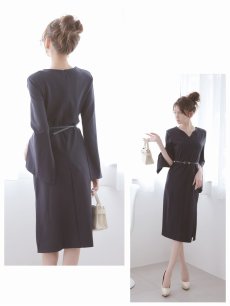 画像5: ワンピース キャバドレス 膝丈ドレス ネイビー ケープスリット 長袖 ベルト付き Belsia(S/M/L/XL(2L))(ネイビー) (5)