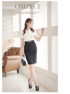 画像4: ワンピース キャバドレス ブラウジングワンピース ボウタイ 配色清楚 半袖 同伴 Belsia(S/M/L/XL(2L)/XXL(3L)/XXXL(4L))(ホワイト) (4)