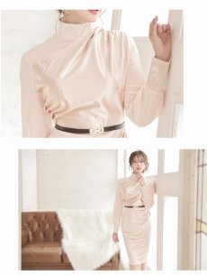 画像3: キャバドレス ミニ 艶サテン ストレッチ シースルー フォーマル 長袖 Belsia(S/M/L/XL(2L)/XXL(3L))(ブラック/ゴールド) (3)
