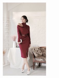 画像2: ワンピース キャバドレス 膝丈ドレス アシンメトリー スタンドカラー 韓国風 セレブ DaysPiece(S/M/L/XL(2L)/XXL(3L))(ホワイト/ブラック/ワイン/ネイビー/ベージュ) (2)