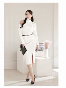 画像4: ワンピース キャバドレス 膝丈ドレス アシンメトリー スタンドカラー 韓国風 セレブ DaysPiece(S/M/L/XL(2L)/XXL(3L))(ホワイト/ブラック/ワイン/ネイビー/ベージュ) (4)