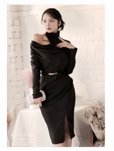 画像5: ワンピース キャバドレス 膝丈ドレス アシンメトリー スタンドカラー 韓国風 セレブ DaysPiece(S/M/L/XL(2L)/XXL(3L))(ホワイト/ブラック/ワイン/ネイビー/ベージュ) (5)