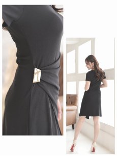 画像5: ワンピース キャバドレス ゴールドバックル ドレープ 袖付き ニットワンピース 上質 Belsia(S/M/L/XL(2L)/XXL(3L))(ブラック) (5)