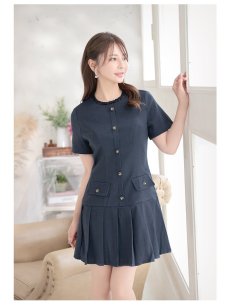 画像3: ワンピース キャバドレス 韓国風 同伴ワンピース ソフトツイード 裾プリーツ 半袖 Belsia(S/M/L)(ネイビー) (3)
