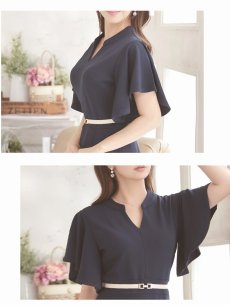 画像3: ワンピース キャバドレス 膝丈ドレス フォーマルドレス タイトドレス Vネック フリル袖 Belsia(S/M/L/XL(2L)/XXL(3L))(ネイビー) (3)