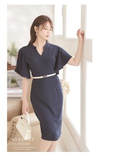 画像4: ワンピース キャバドレス 膝丈ドレス フォーマルドレス タイトドレス Vネック フリル袖 Belsia(S/M/L/XL(2L)/XXL(3L))(ネイビー) (4)