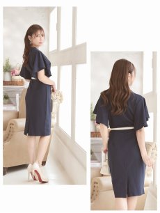 画像5: ワンピース キャバドレス 膝丈ドレス フォーマルドレス タイトドレス Vネック フリル袖 Belsia(S/M/L/XL(2L)/XXL(3L))(ネイビー) (5)