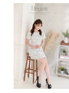 画像2: キャバドレス ミニ ミックスツイード 半袖 パールボタン 韓国風 ラウンジドレス Belsia(S/M/L)(ホワイト) (2)