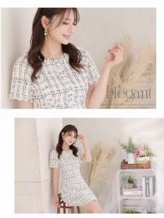 画像3: キャバドレス ミニ ミックスツイード 半袖 パールボタン 韓国風 ラウンジドレス Belsia(S/M/L)(ホワイト) (3)