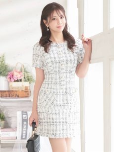 画像4: キャバドレス ミニ ミックスツイード 半袖 パールボタン 韓国風 ラウンジドレス Belsia(S/M/L)(ホワイト) (4)