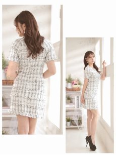 画像5: キャバドレス ミニ ミックスツイード 半袖 パールボタン 韓国風 ラウンジドレス Belsia(S/M/L)(ホワイト) (5)