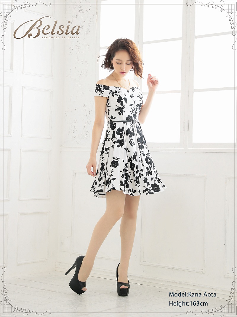 Belsia】モノトーン花柄オフショルAラインワンピース ベルト付きハート Belsia】モノトーン花柄オフショルAラインワンピース ベルト付きハート