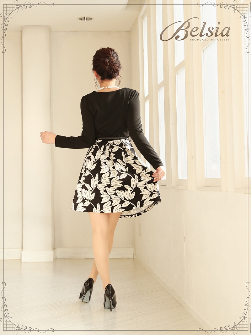 Belsia 大きいサイズ完備 Monotoneリーフ柄フレアーワンピース 長袖キャバクラワンピース ベルシア S M L Xl ブラック Belsia