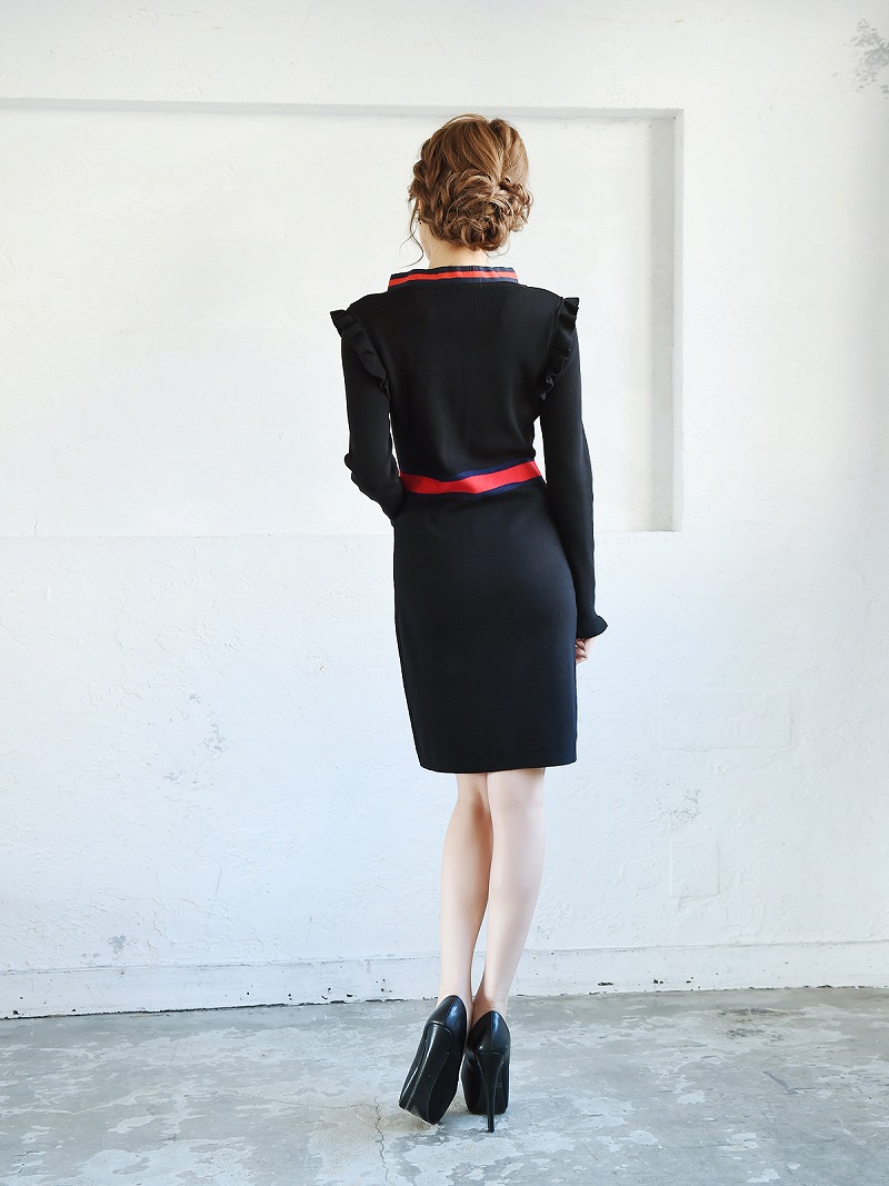 Belsia ネックリボンフリルニット長袖ワンピース 加賀美早紀 着用キャバドレス フロントジップライン入りキャバクラワンピース ベルシア M ブラック レッド Belsia