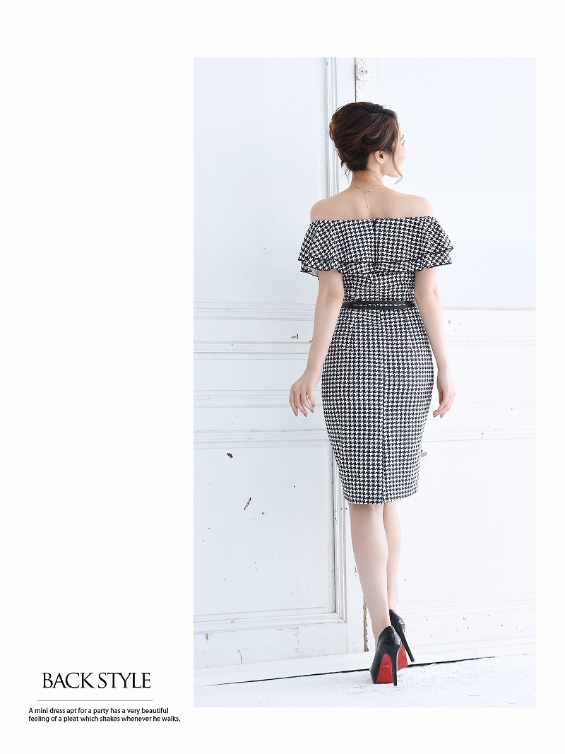 Belsia 大きいサイズ完備 千鳥柄オフショルワンピース 膝丈タイトキャバクラワンピース ベルシア S M L Xl ブラック Belsia Belsia 大きいサイズ完備 千鳥柄オフショルワンピース 膝丈タイトキャバクラワンピース ベルシア S M L Xl ブラック Belsia
