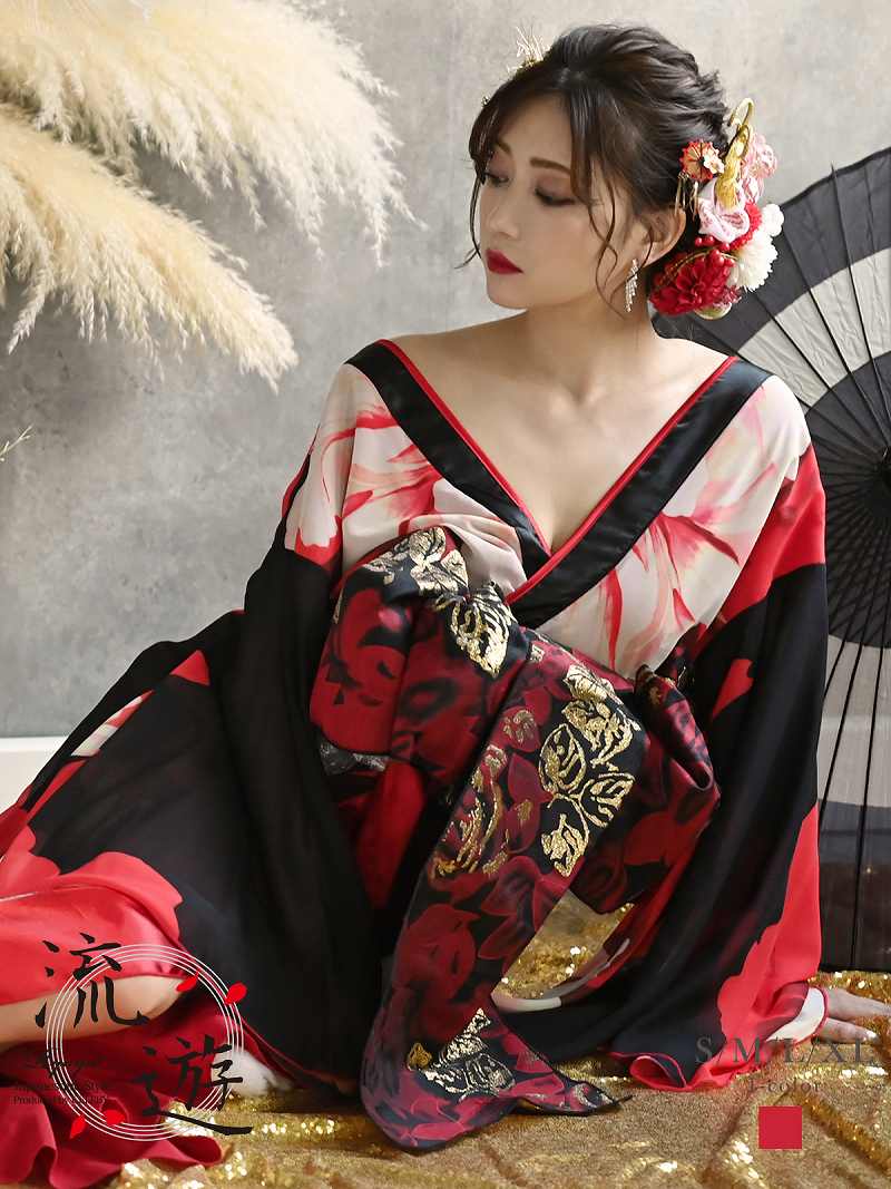 花魁 ドレス 和柄 着物ドレス キャバ 流遊(S/M/L/XL)(レッド)