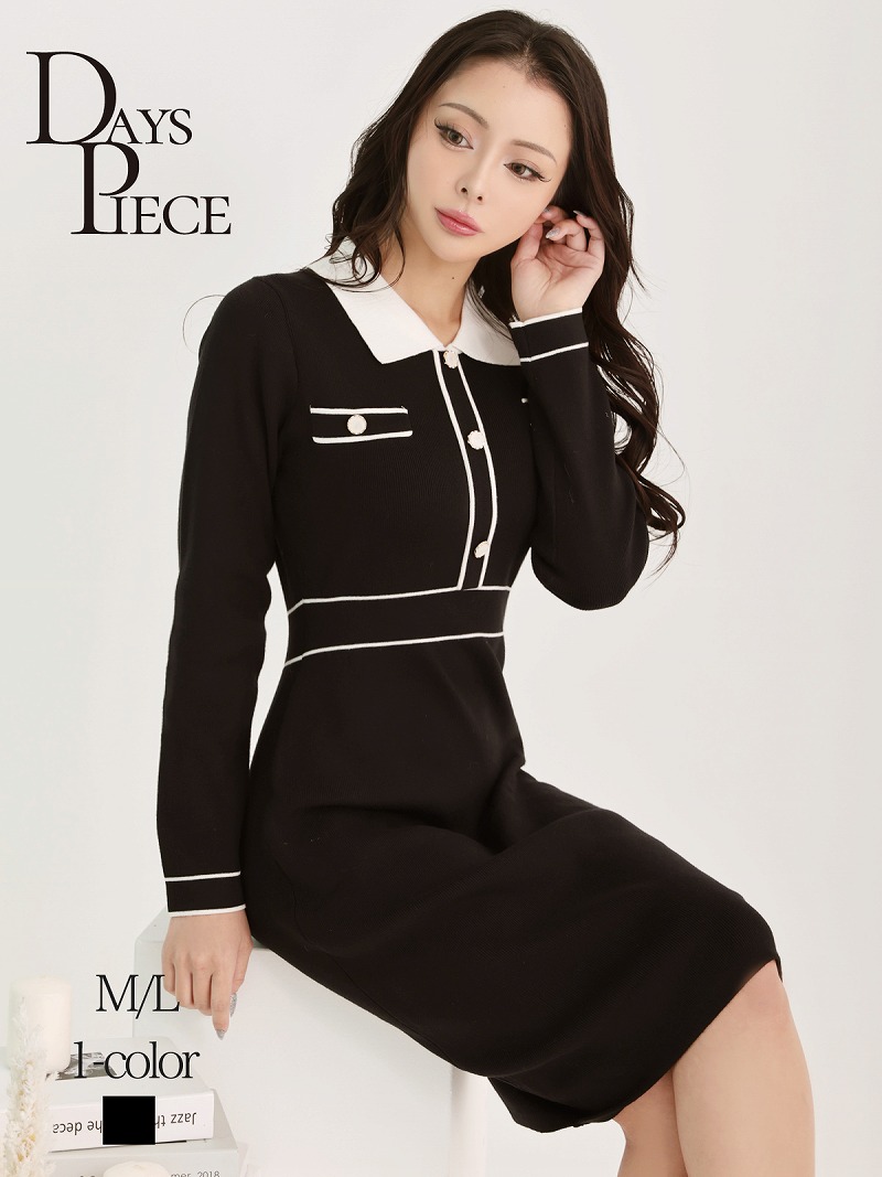 ※予約販売※ワンピース キャバドレス 黒 袖付 韓国ワンピース ニットワンピース 膝丈 DaysPiece(M/L)(ブラック(5月上旬))