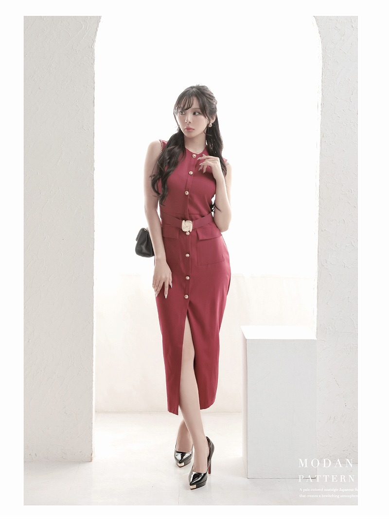 画像2: ワンピース キャバドレス ノースリーブ ウエストベルト 膝丈 スリット ミディ丈 DaysPiece(S/M/L/XL)(ブラック/ホワイト/ワイン) (2)